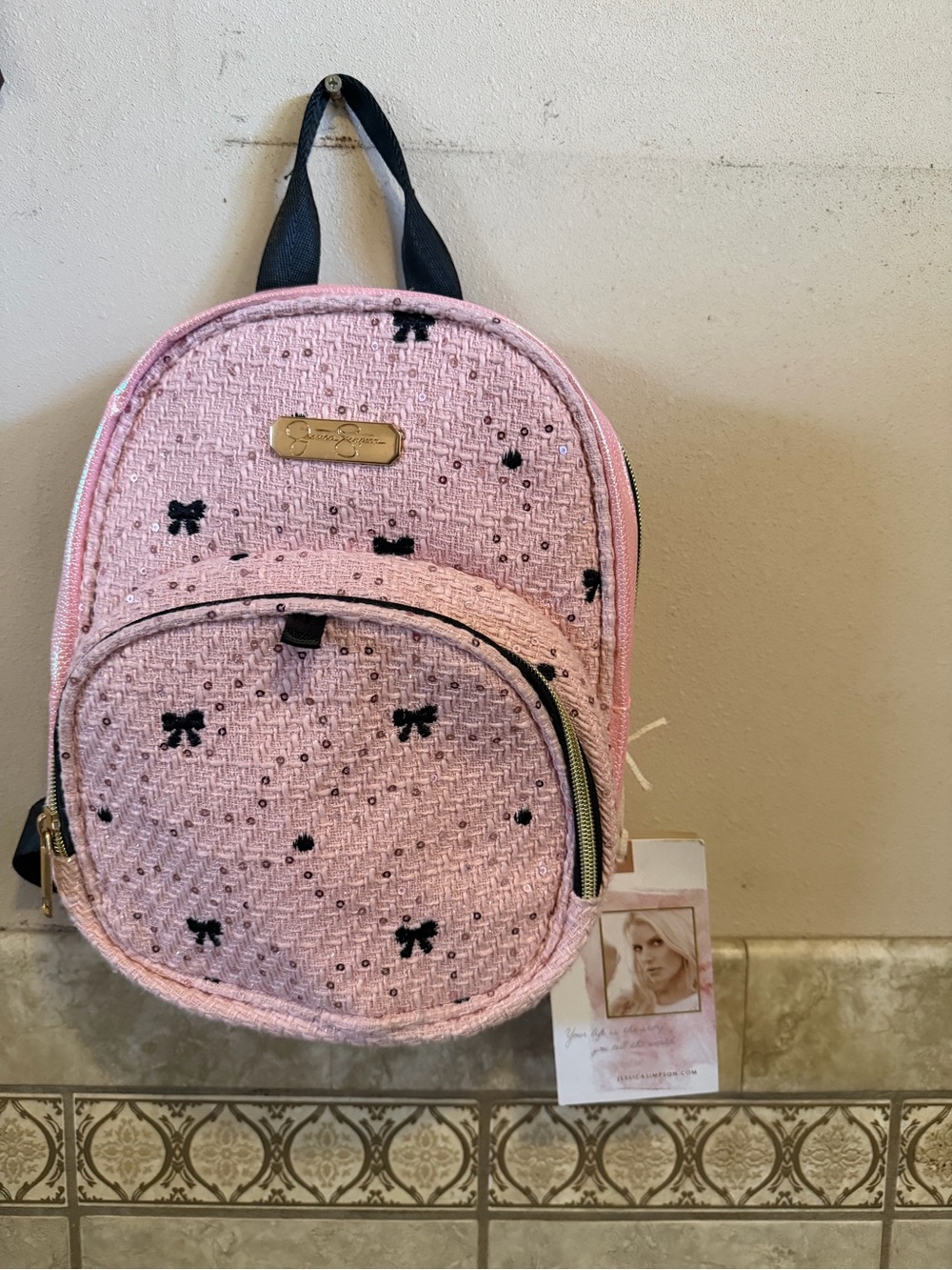 Jessica Simpson Pink Tweed Mini Backpack with Black Bow Accents